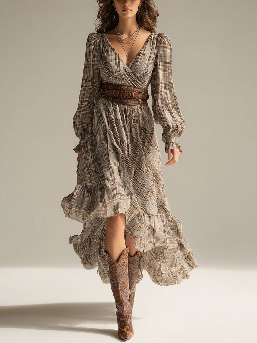 Women's Beige - Plaid Bohemian Chiffon Ruffled Midi Dress (without Belt)
