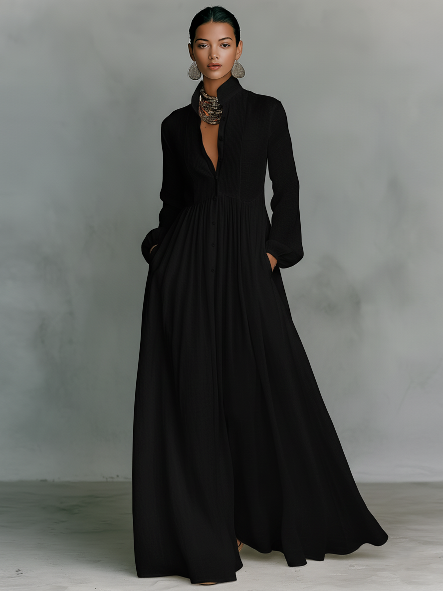 Women's Minimalist Cotton And Linen Patchwork Single-breasted Stand-up Collar Long-sleeved Maxi Dress