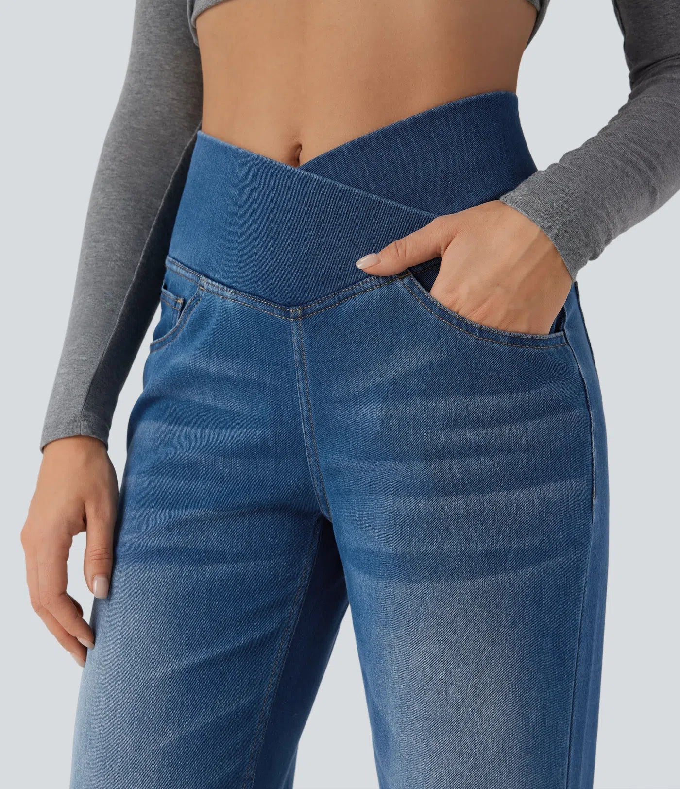 UltraStretch™ Crossover High Waisted Tummy Control Casual Straight Leg Jeans with Pockets