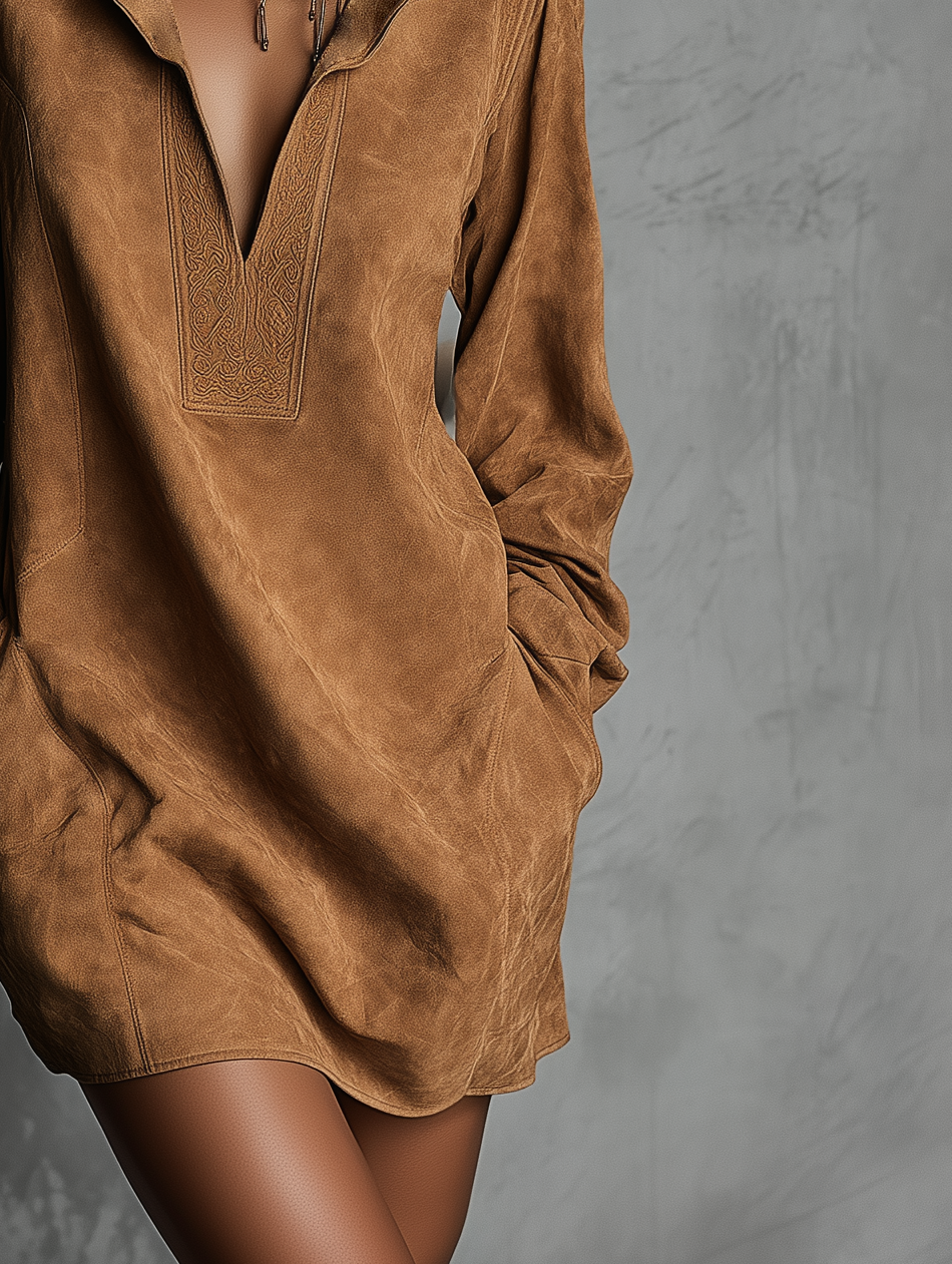 Women's V-neck Suede Embossed Long-sleeved Casual Dress