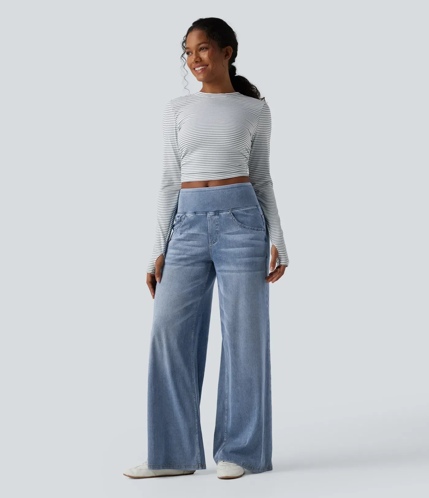 Velouré Flex™ Mid Rise Draped Washed Casual Baggy Wide Leg Jeans with Pockets