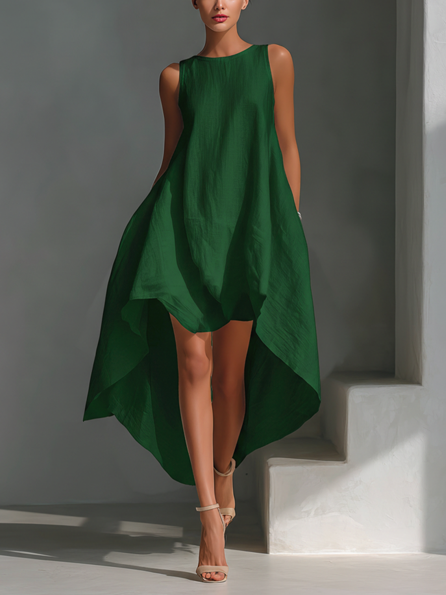 Women's White Linen Fabric Sleeveless Midi Dress With Round Neck & Asymmetric Hem
