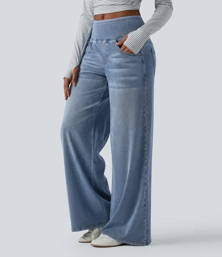 Velouré Flex™ Mid Rise Draped Washed Casual Baggy Wide Leg Jeans with Pockets