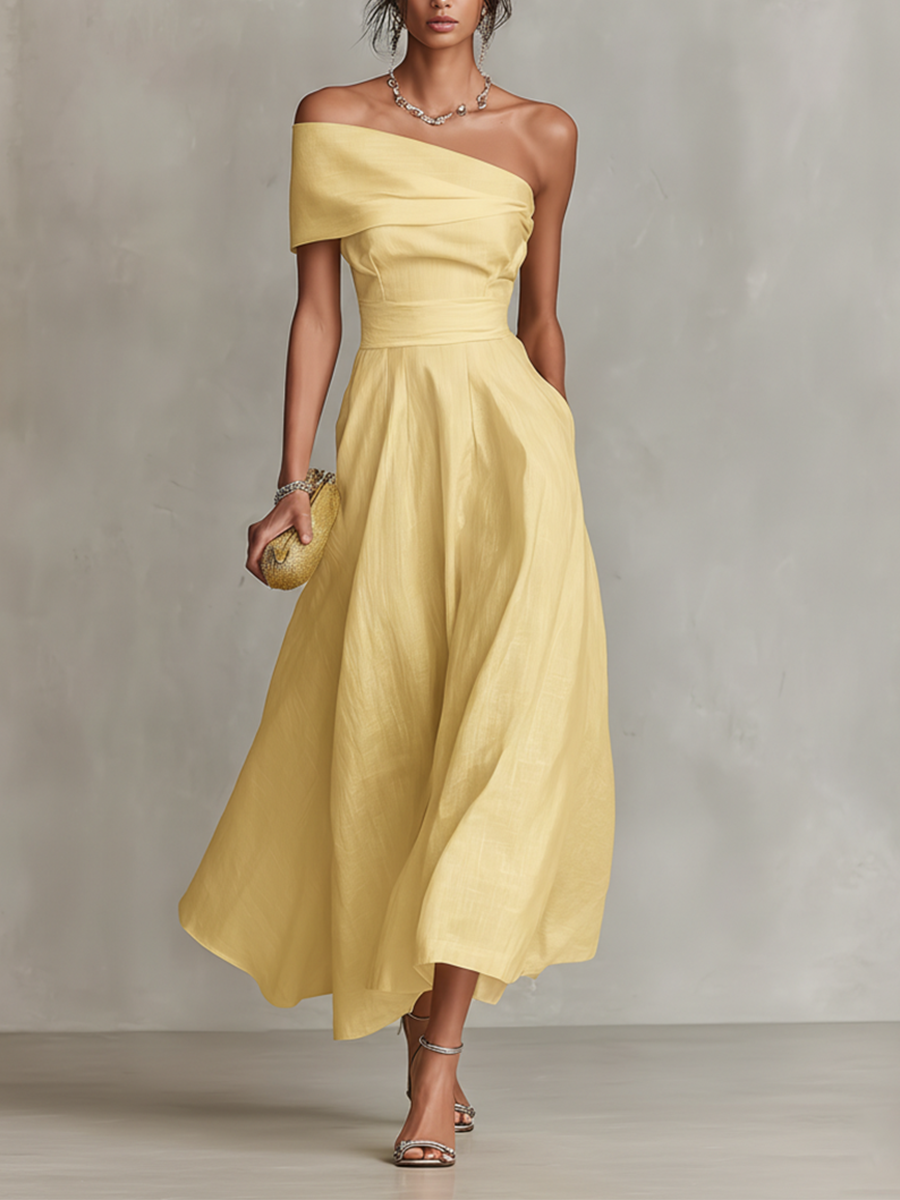 Women's Yellow Linen Dress With One-Shoulder Neckline & Fitted Waist, Timeless Elegant-Chic Style Dress