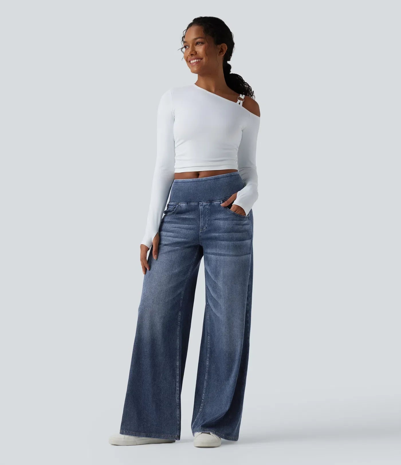 Velouré Flex™ Mid Rise Draped Washed Casual Baggy Wide Leg Jeans with Pockets