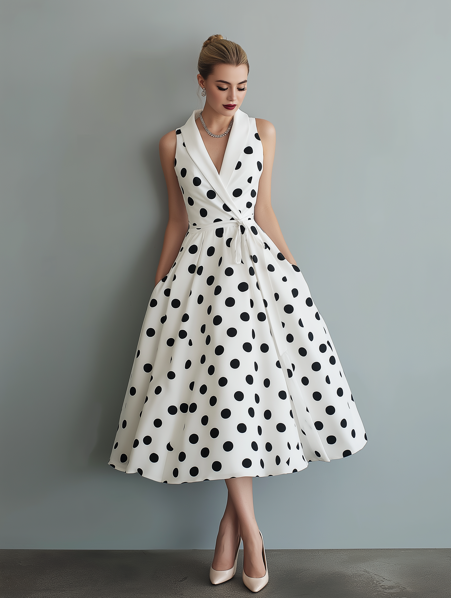 Women's Elegant Black And White Polka Dot Woven Collared Sleeveless Midi Dress