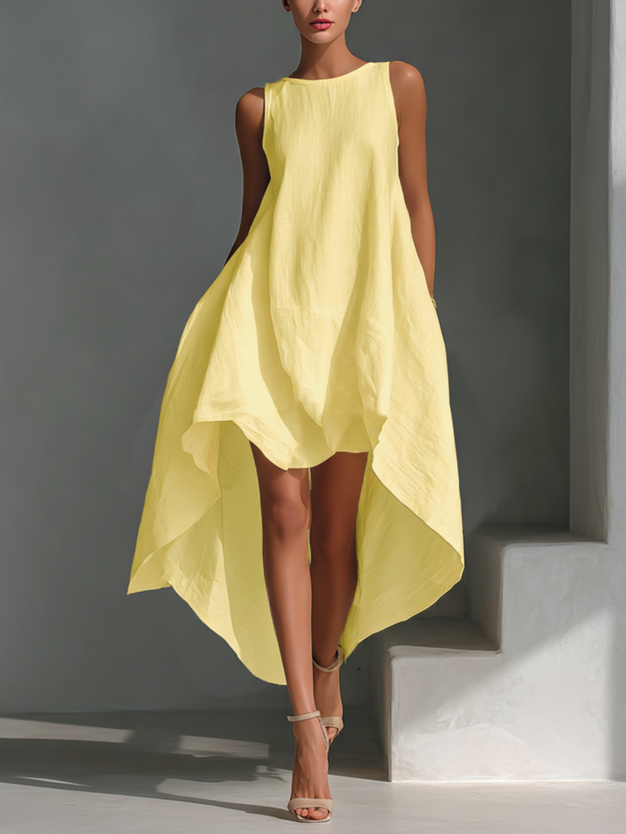 Women's White Linen Fabric Sleeveless Midi Dress With Round Neck & Asymmetric Hem