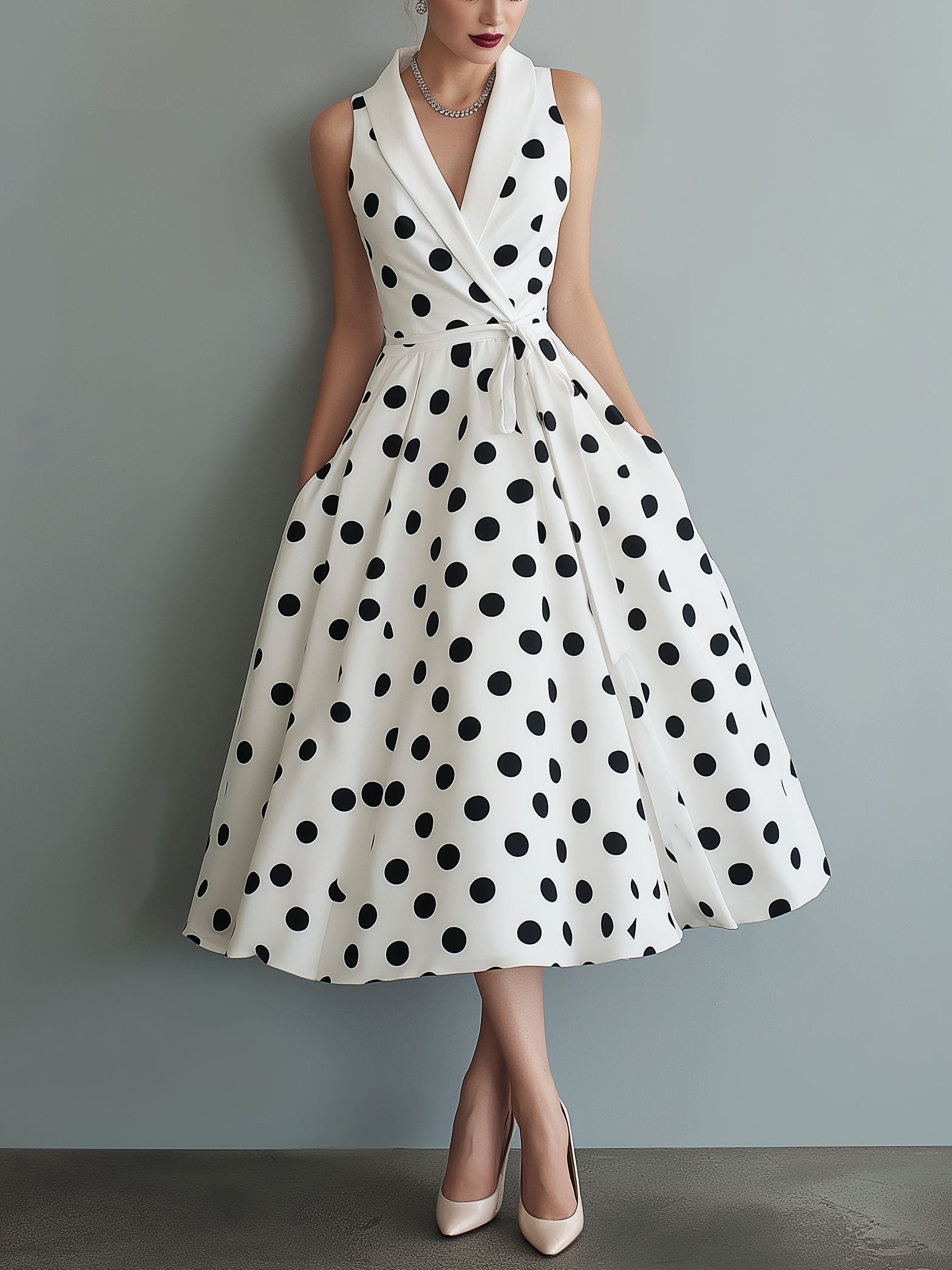 Women's Elegant Black And White Polka Dot Woven Collared Sleeveless Midi Dress