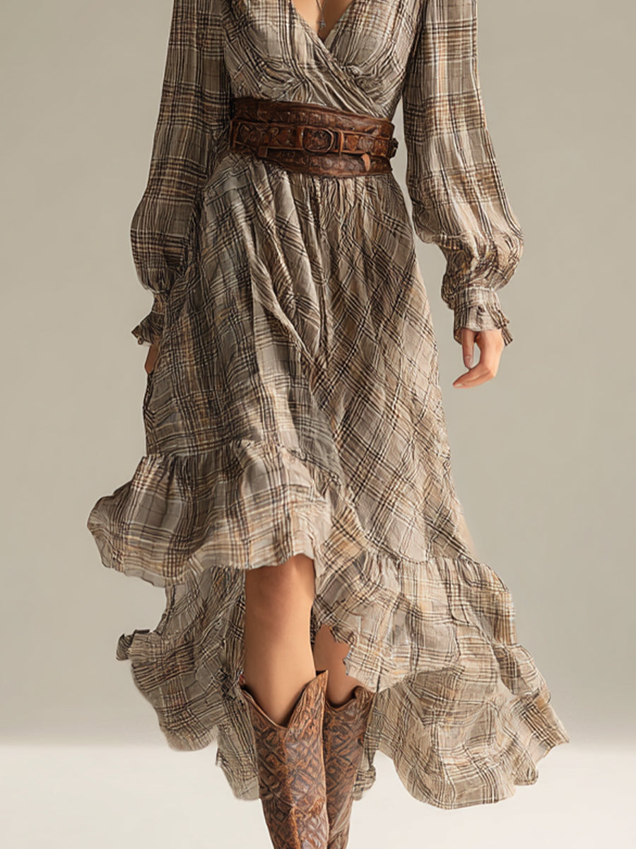 Women's Beige - Plaid Bohemian Chiffon Ruffled Midi Dress (without Belt)