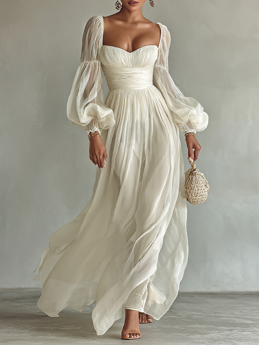Women's Chiffon Square Neck Long Sleeve Waist Maxi Dress