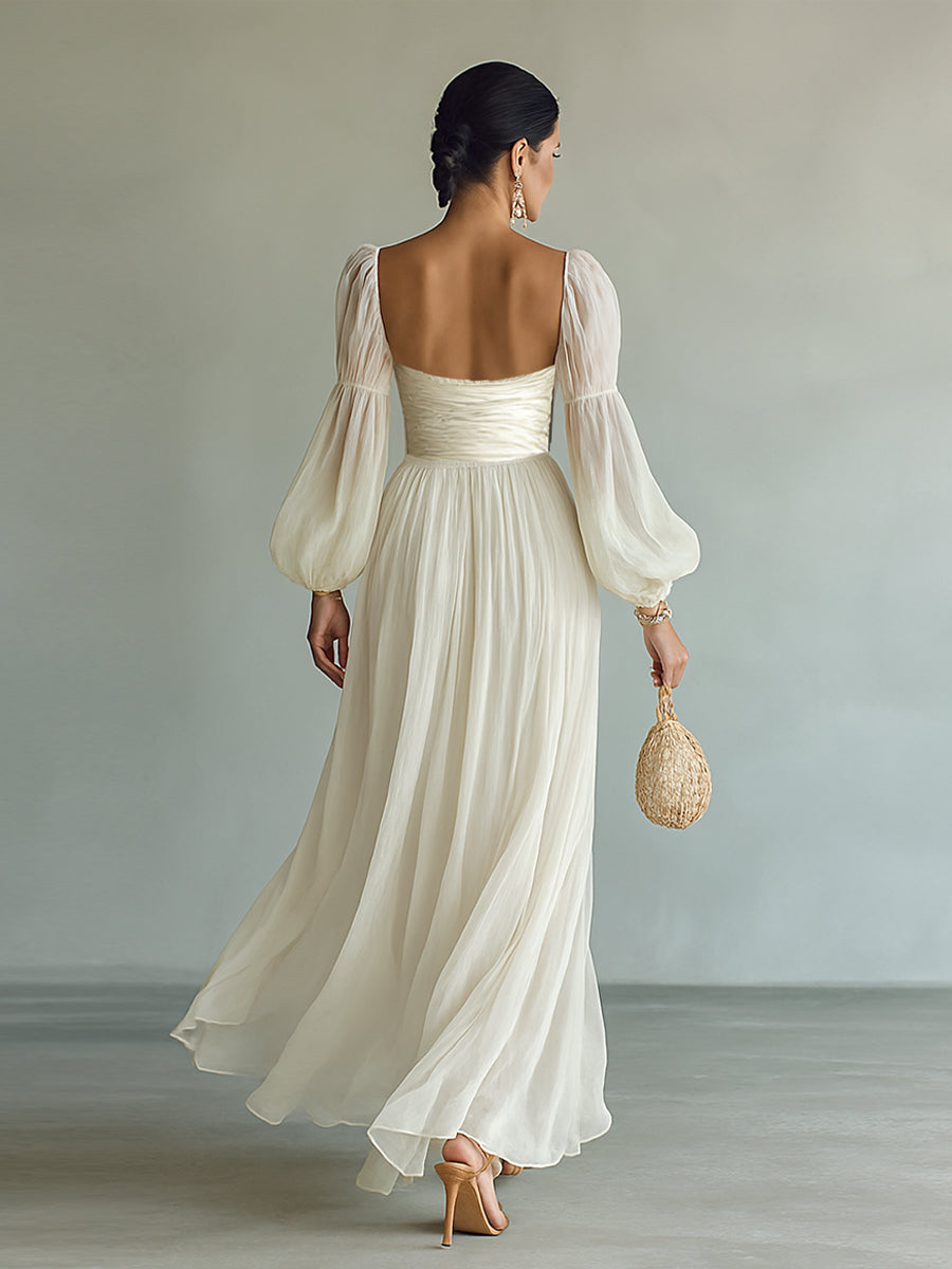 Women's Chiffon Square Neck Long Sleeve Waist Maxi Dress