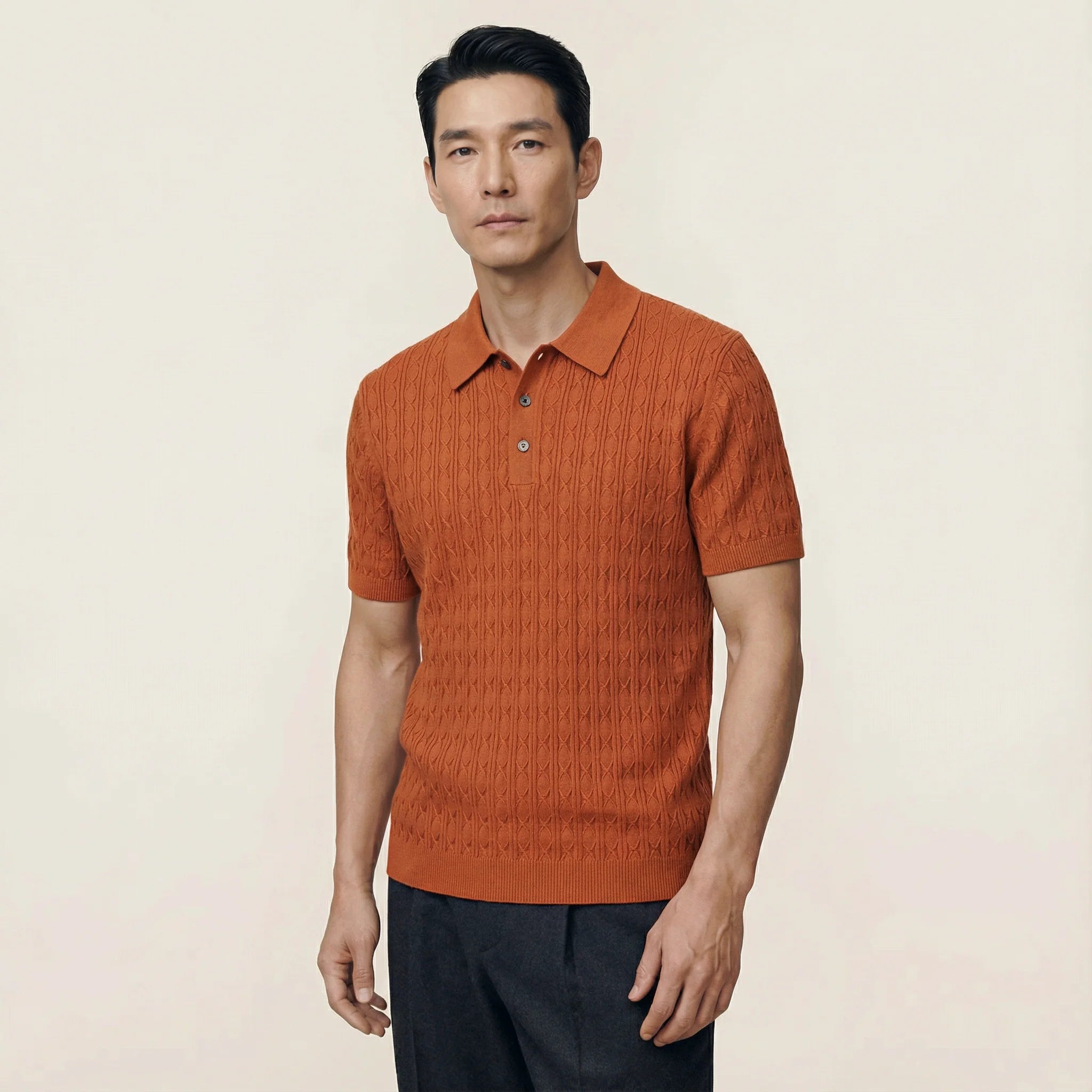 Men’s Knitted Polo Shirt – Short Sleeve Button Placket Design