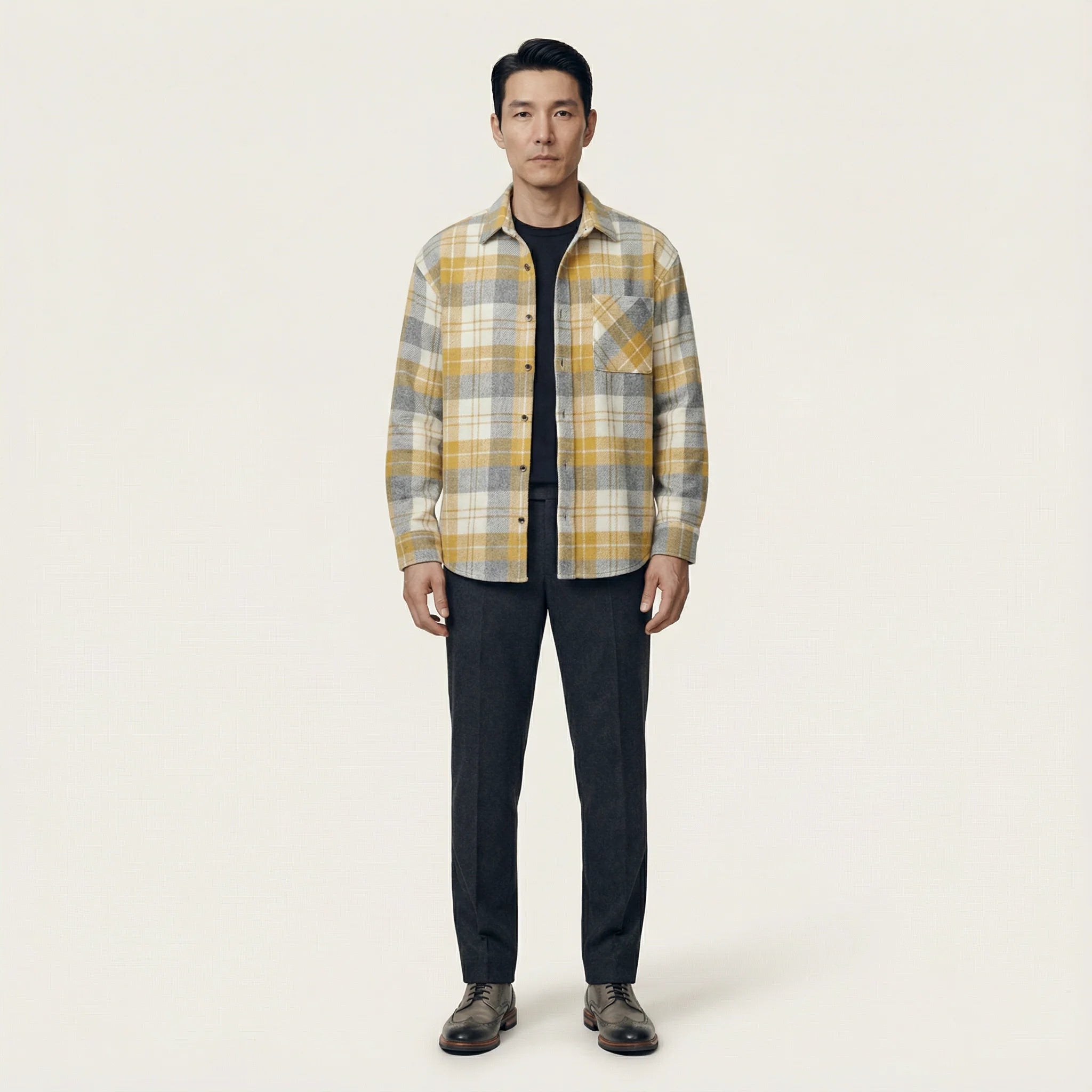 Men’s Long-Sleeve Button-Up Shirt – Check Pattern, Chest Pockets
