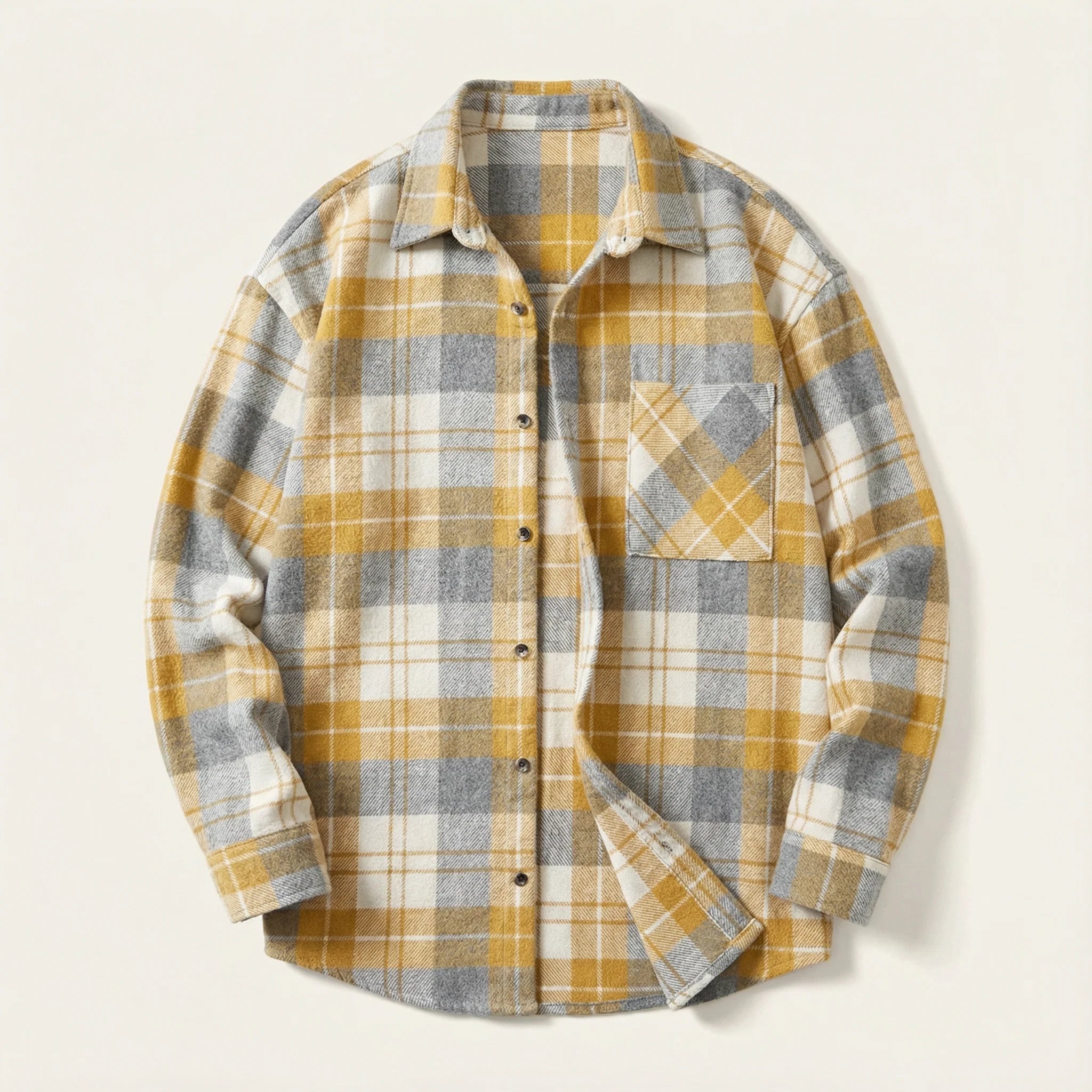 Men’s Long-Sleeve Button-Up Shirt – Check Pattern, Chest Pockets