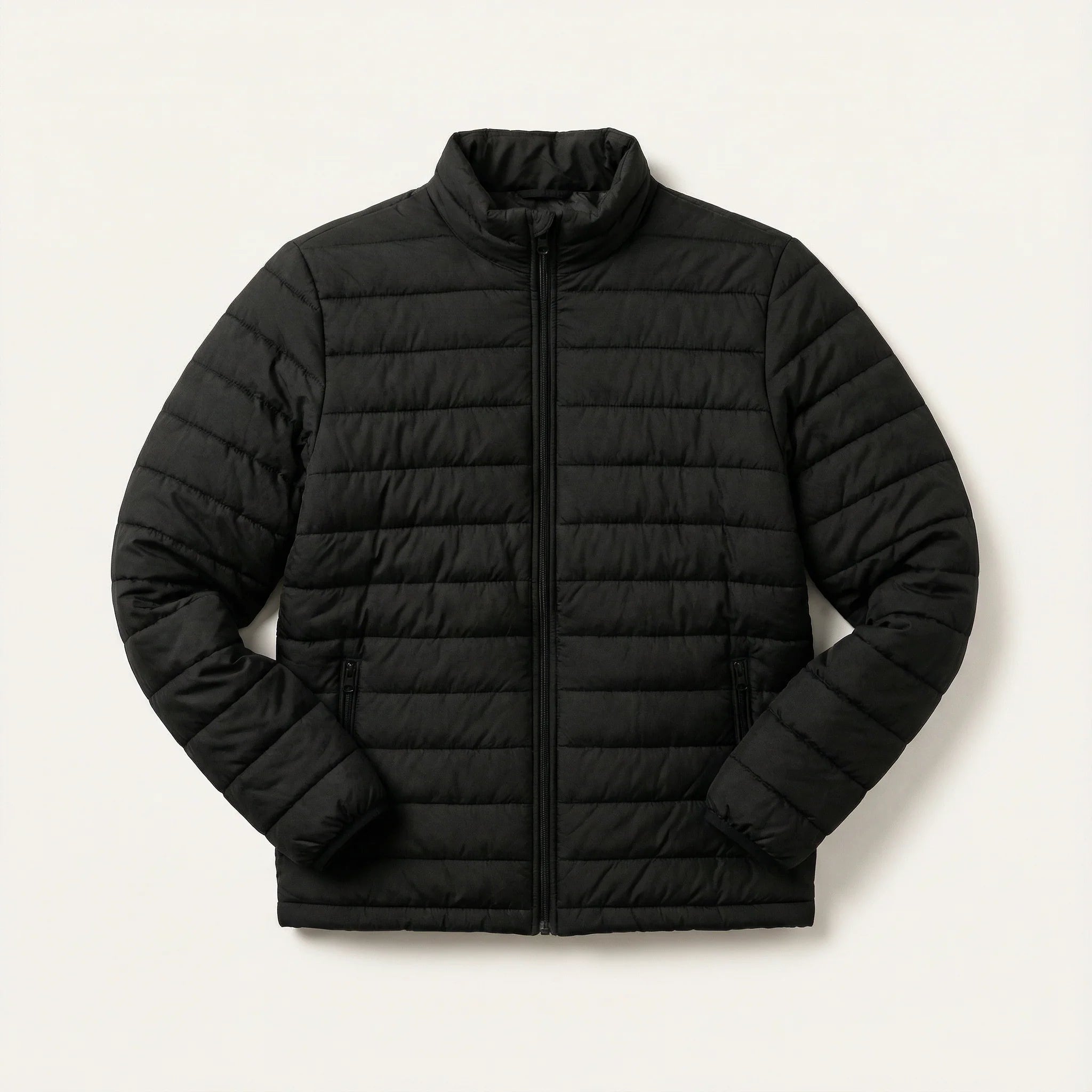 Men’s Puffer Jacket – Zip Front, Stand Collar, Long Sleeves