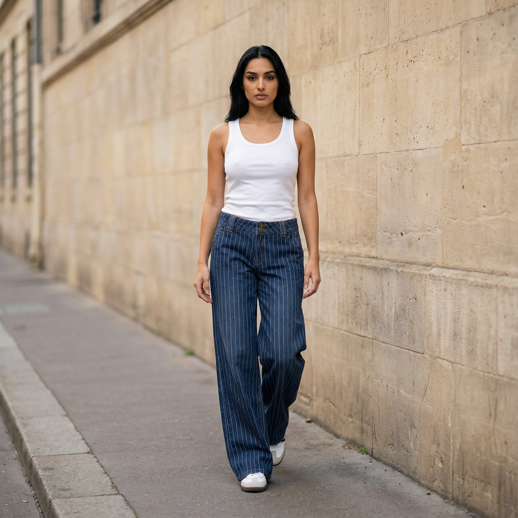 Women’s Wide-Leg Jeans – Low-Rise Waist, Pinstripe Pattern