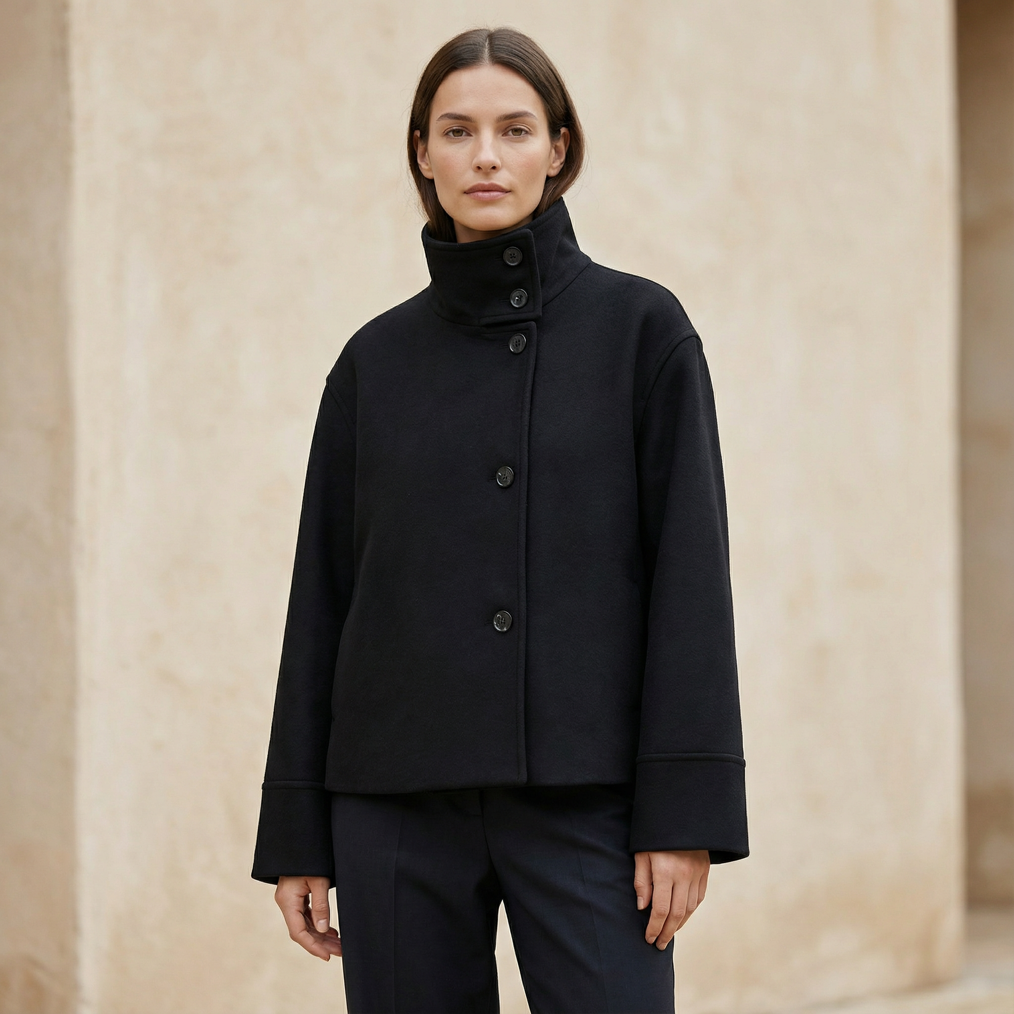 Women’s Short Overcoat – Lapel Collar, Long Sleeves