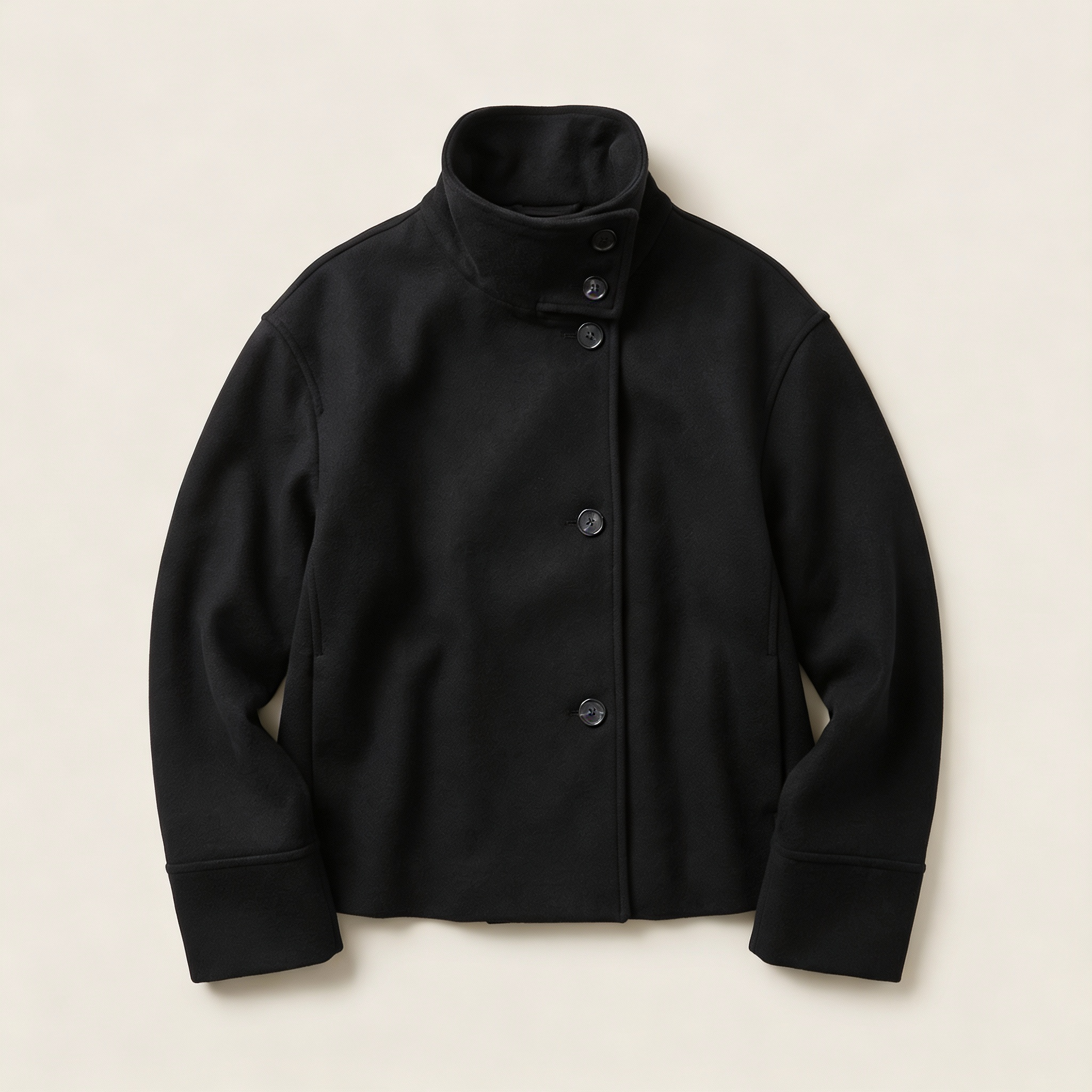 Women’s Short Overcoat – Lapel Collar, Long Sleeves