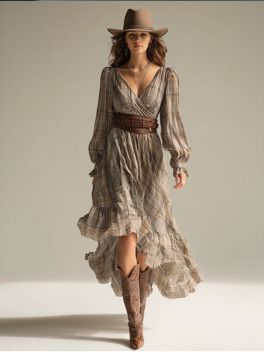 Women's Beige - Plaid Bohemian Chiffon Ruffled Midi Dress (without Belt)