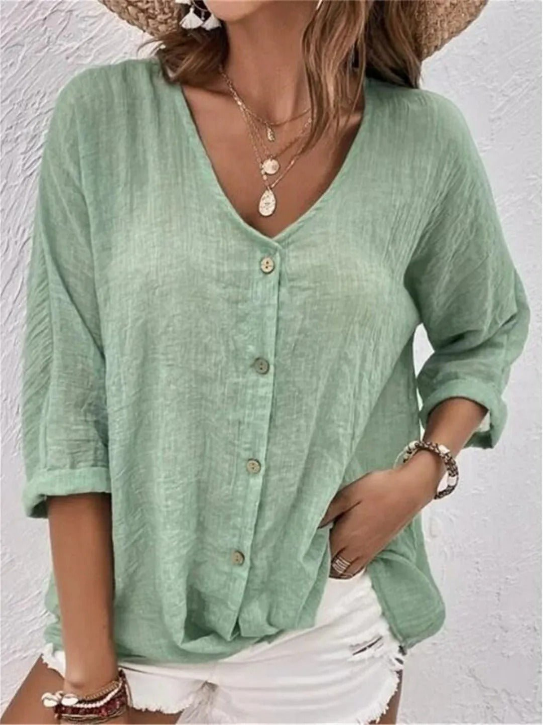 Badette | Women's Casual Cotton V-Neck Button-Front Top