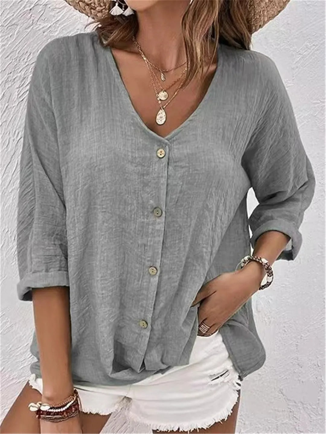 Badette | Women's Casual Cotton V-Neck Button-Front Top