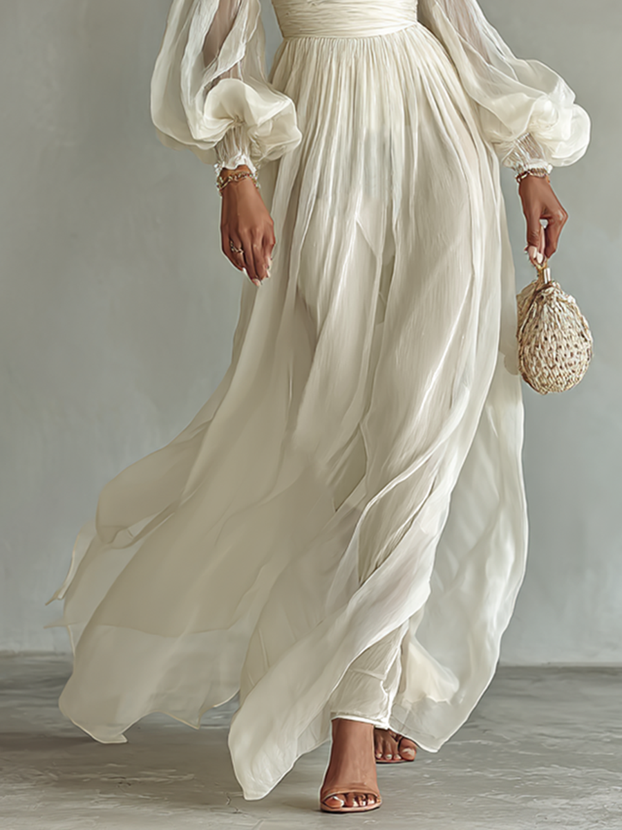 Women's Chiffon Square Neck Long Sleeve Waist Maxi Dress