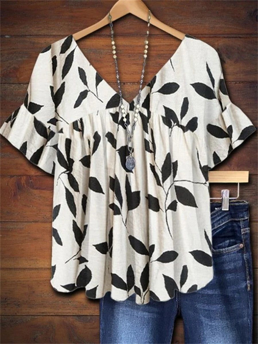 Arabeth | Ruffled Leaf-Print V-Neck Top