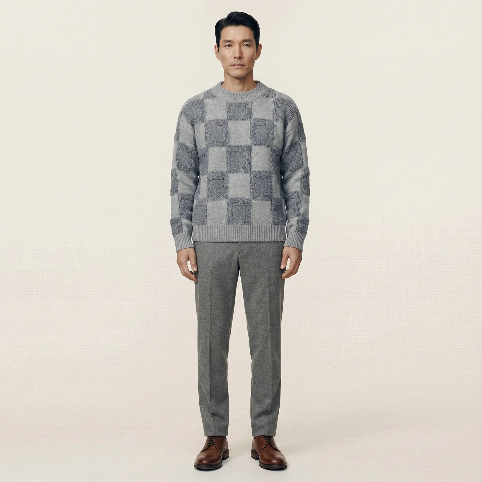 Men’s Long-Sleeve Sweater – Crew Neck, Check Pattern