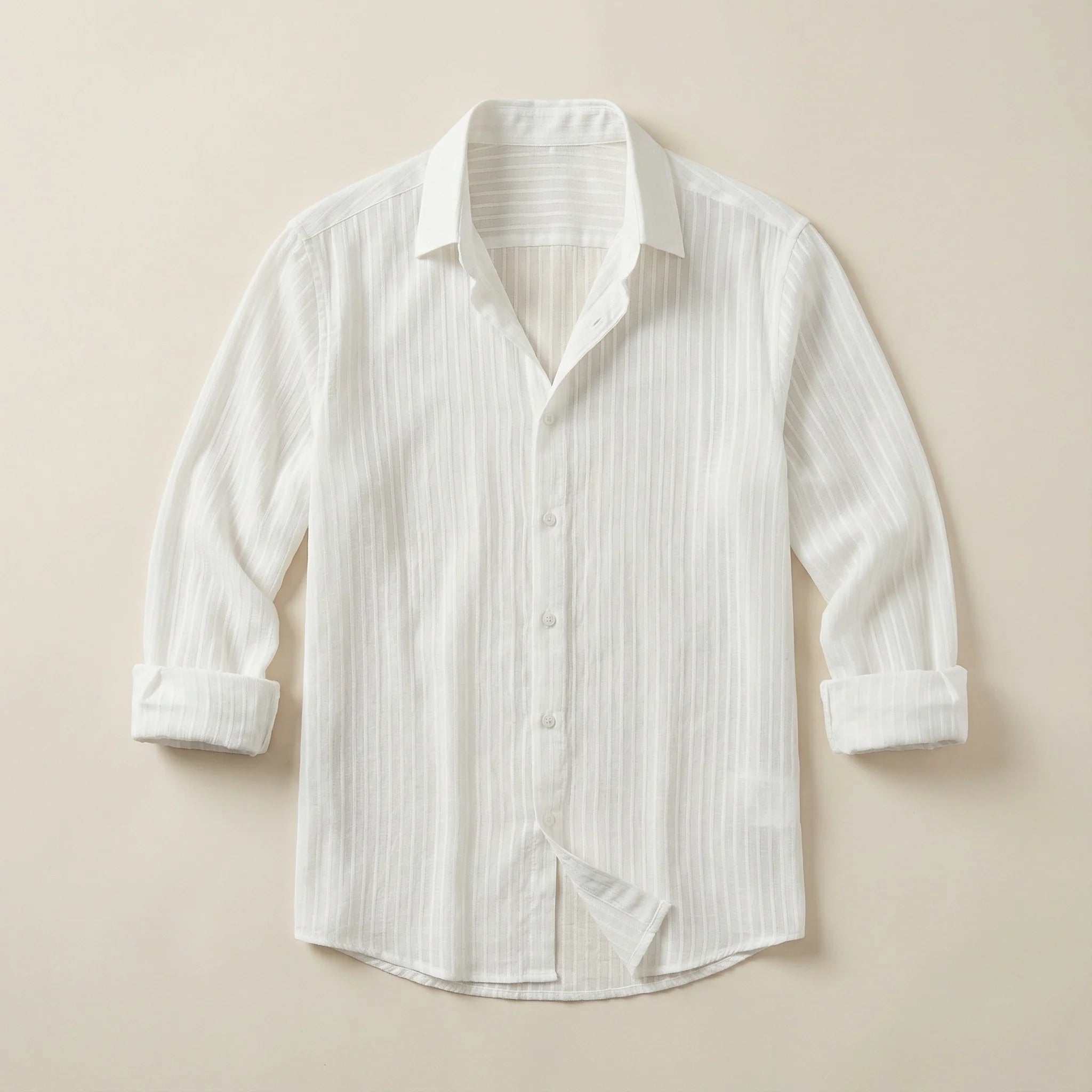 Men’s Long-Sleeve Button-Up Shirt – Vertical Stripe Pattern, Collared Design