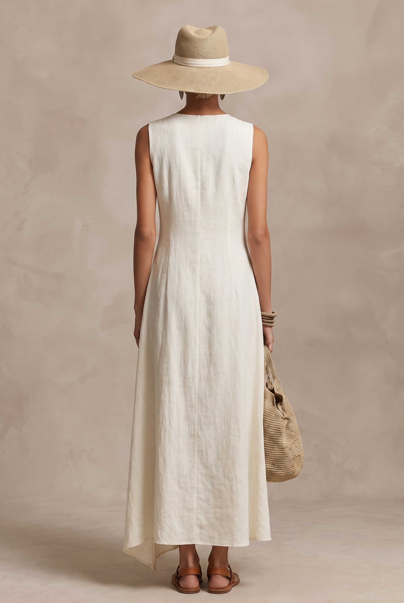 Women's Ivory Breathable Linen Dress With Sleeveless Detail & Asymmetric Hem, Contemporary Casual-Feminine Style Dress