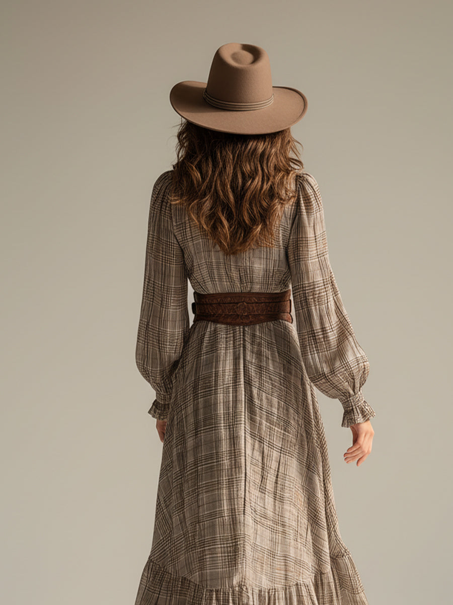Women's Beige - Plaid Bohemian Chiffon Ruffled Midi Dress (without Belt)