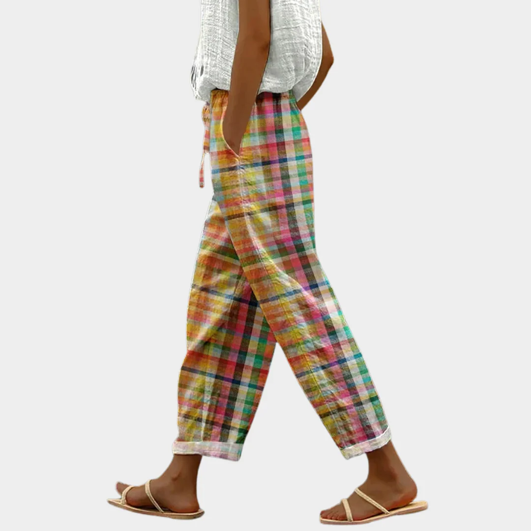 Marnie | Women's Multicolor Linen Plaid Check Drawstring Waist Casual Pants