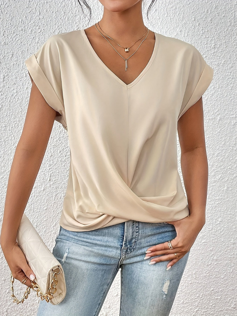 Sanne | Women's Satin Twist-Front V-Neck Short Sleeve Top
