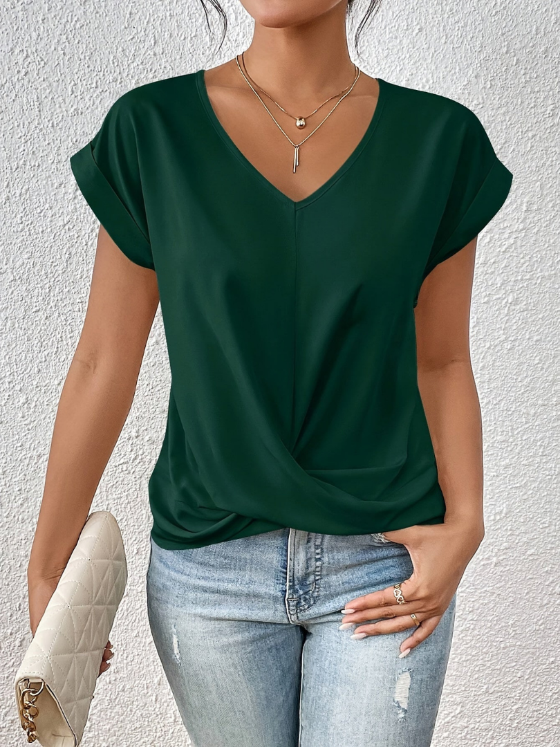 Sanne | Women's Satin Twist-Front V-Neck Short Sleeve Top