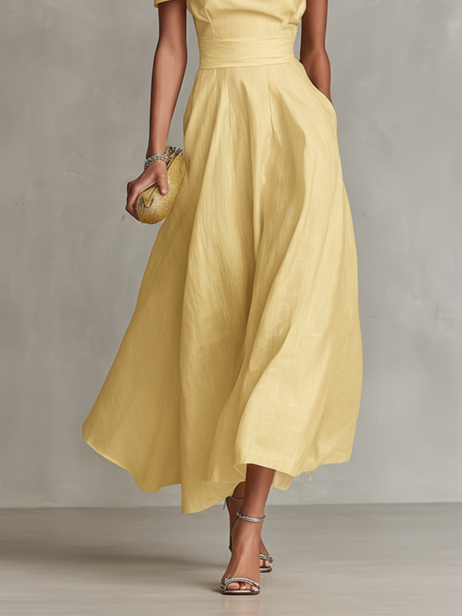 Women's Yellow Linen Dress With One-Shoulder Neckline & Fitted Waist, Timeless Elegant-Chic Style Dress
