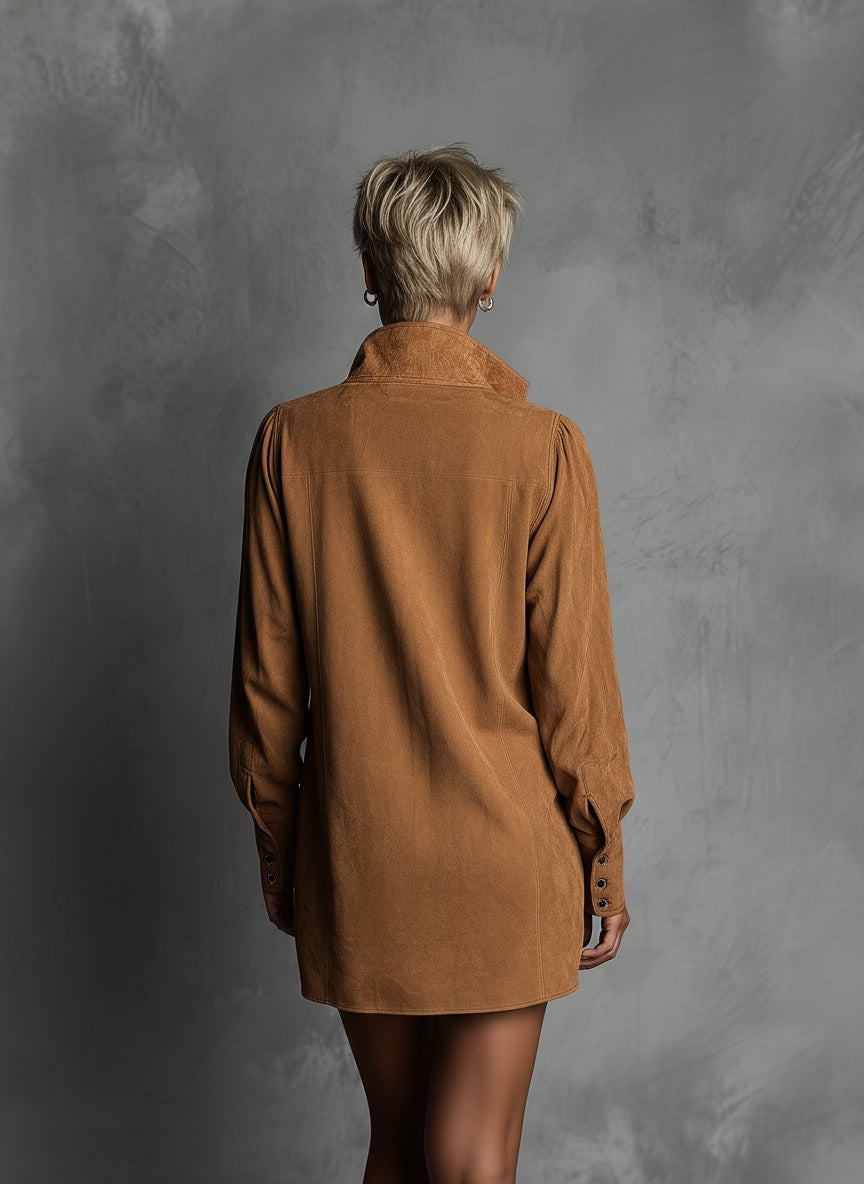 Women's V-neck Suede Embossed Long-sleeved Casual Dress