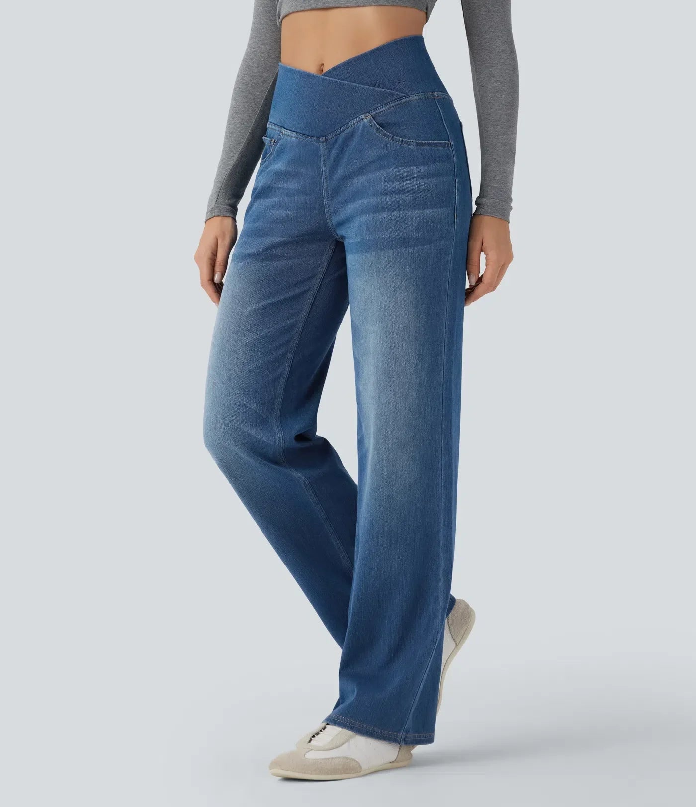 UltraStretch™ Crossover High Waisted Tummy Control Casual Straight Leg Jeans with Pockets