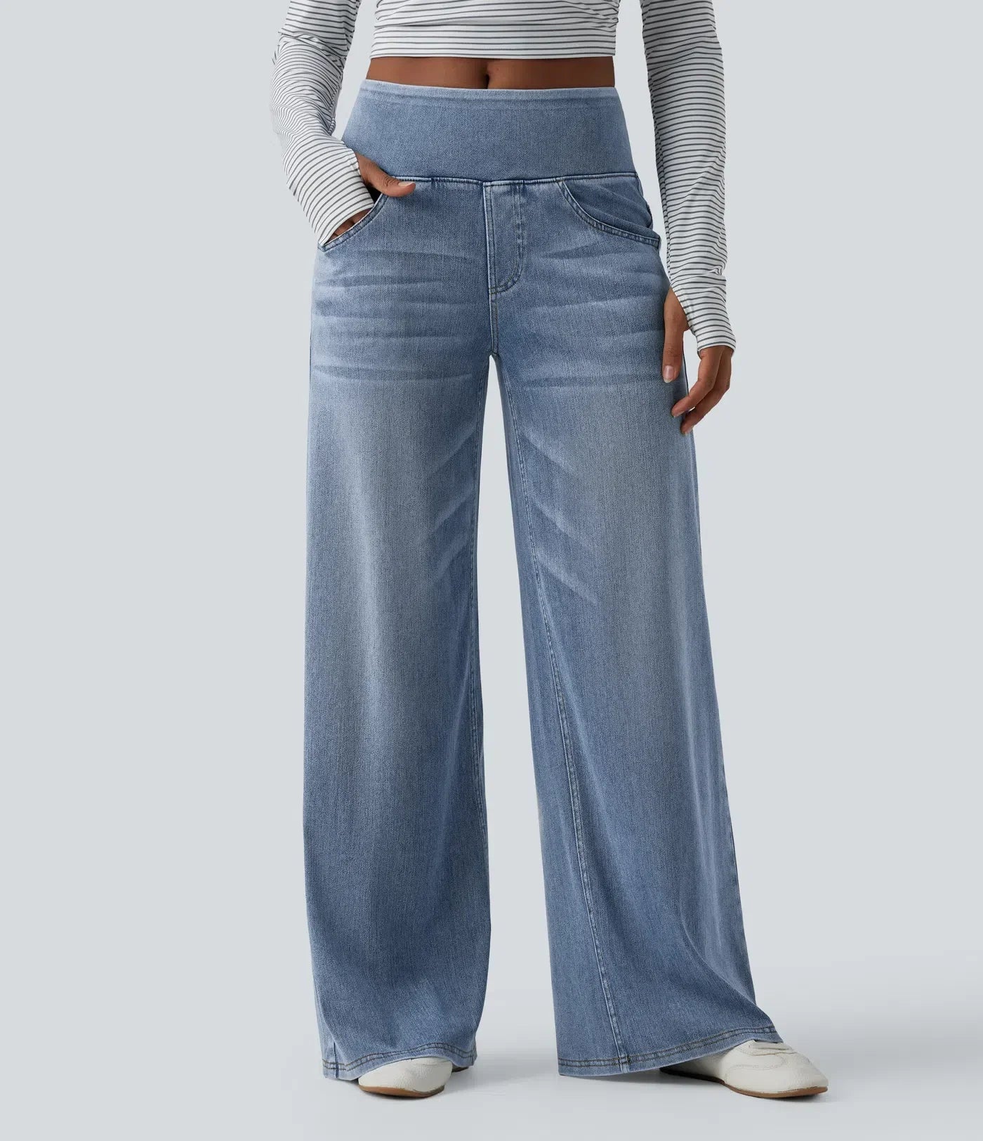 Velouré Flex™ Mid Rise Draped Washed Casual Baggy Wide Leg Jeans with Pockets