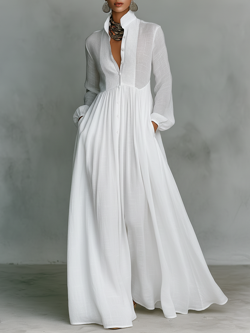 Women's Minimalist Cotton And Linen Patchwork Single-breasted Stand-up Collar Long-sleeved Maxi Dress