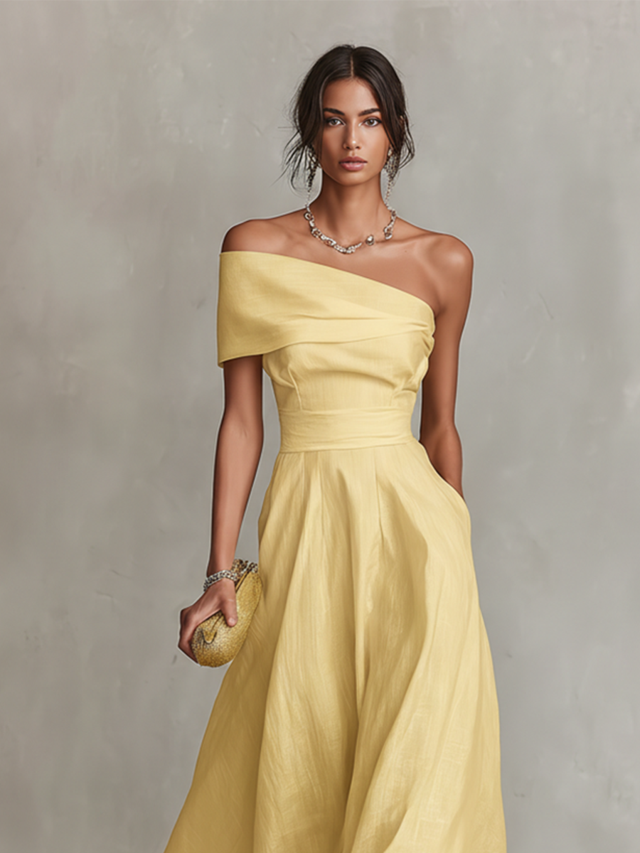 Women's Yellow Linen Dress With One-Shoulder Neckline & Fitted Waist, Timeless Elegant-Chic Style Dress