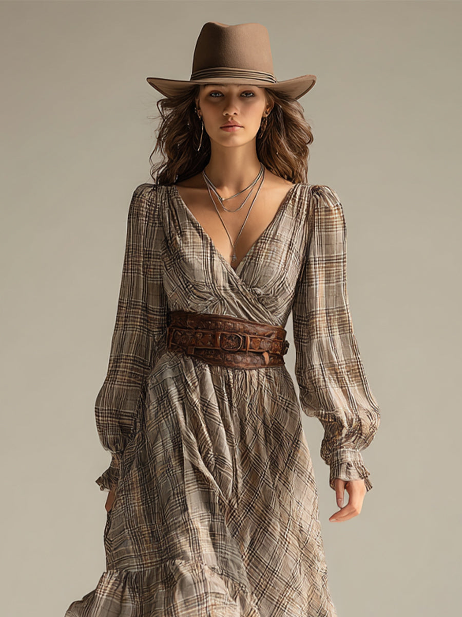Women's Beige - Plaid Bohemian Chiffon Ruffled Midi Dress (without Belt)