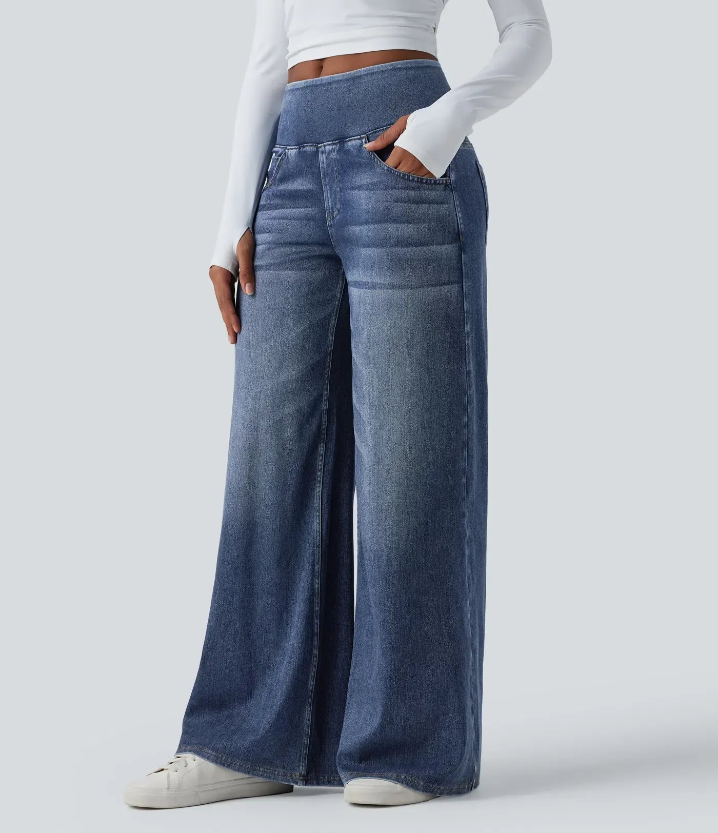 Velouré Flex™ Mid Rise Draped Washed Casual Baggy Wide Leg Jeans with Pockets