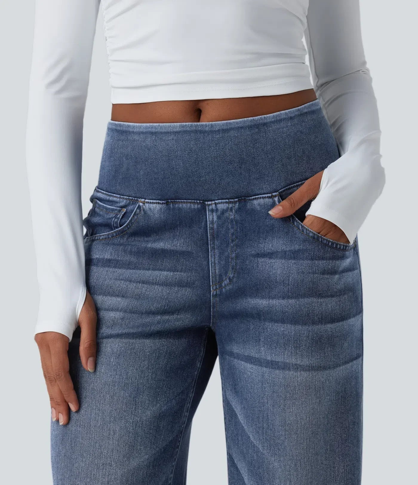 Velouré Flex™ Mid Rise Draped Washed Casual Baggy Wide Leg Jeans with Pockets