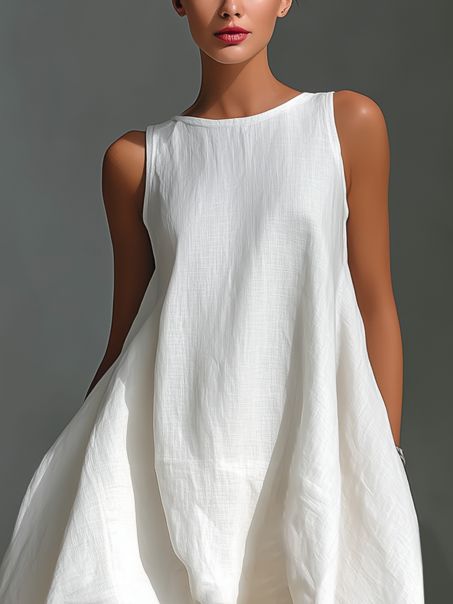Women's White Linen Fabric Sleeveless Midi Dress With Round Neck & Asymmetric Hem