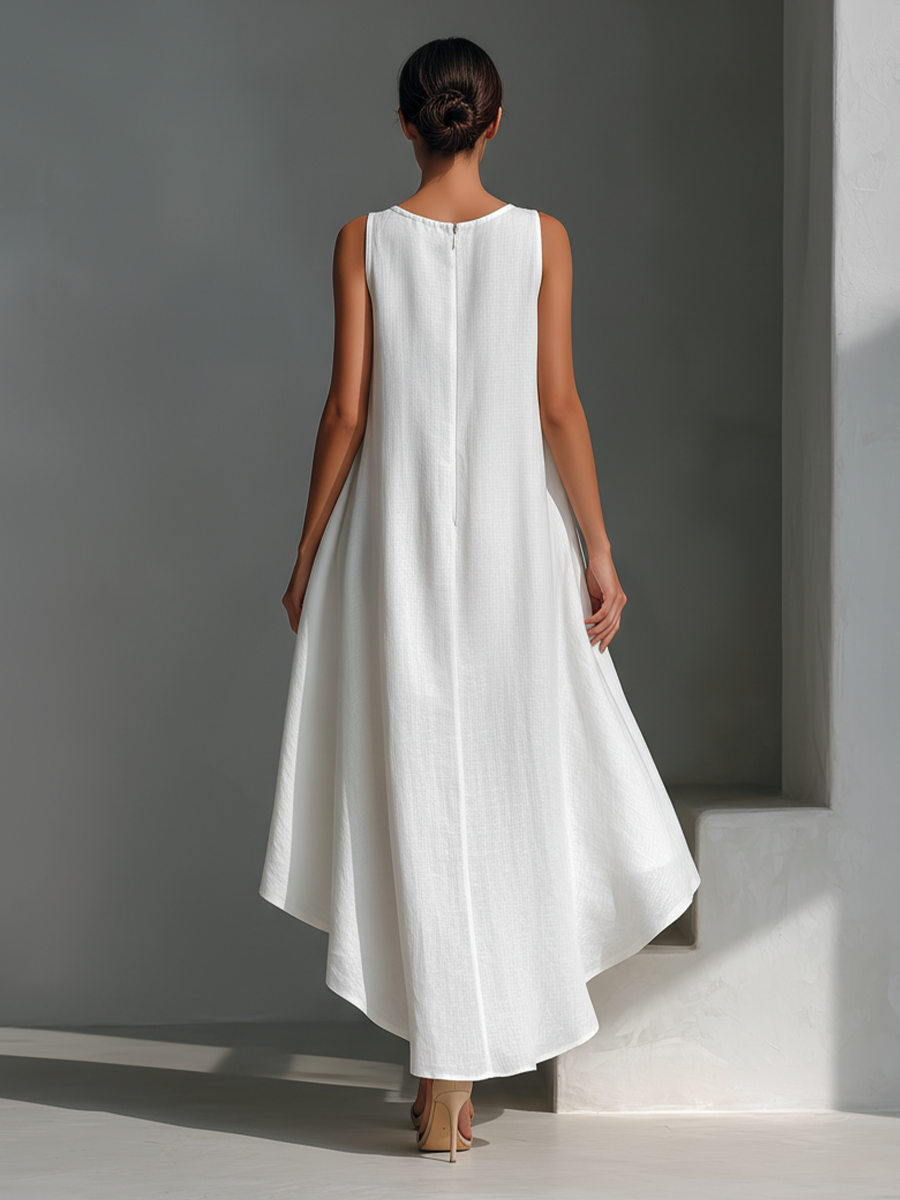 Women's White Linen Fabric Sleeveless Midi Dress With Round Neck & Asymmetric Hem