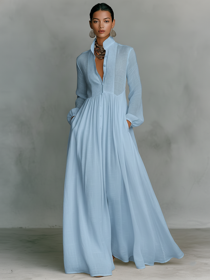 Women's Minimalist Cotton And Linen Patchwork Single-breasted Stand-up Collar Long-sleeved Maxi Dress