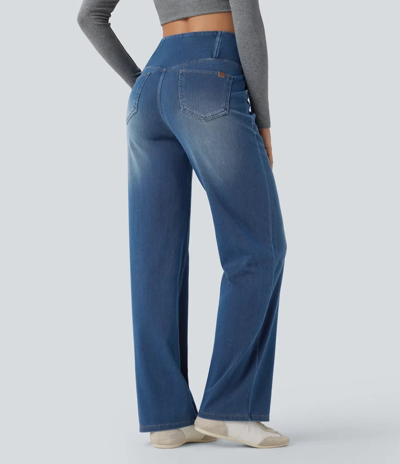 UltraStretch™ Crossover High Waisted Tummy Control Casual Straight Leg Jeans with Pockets
