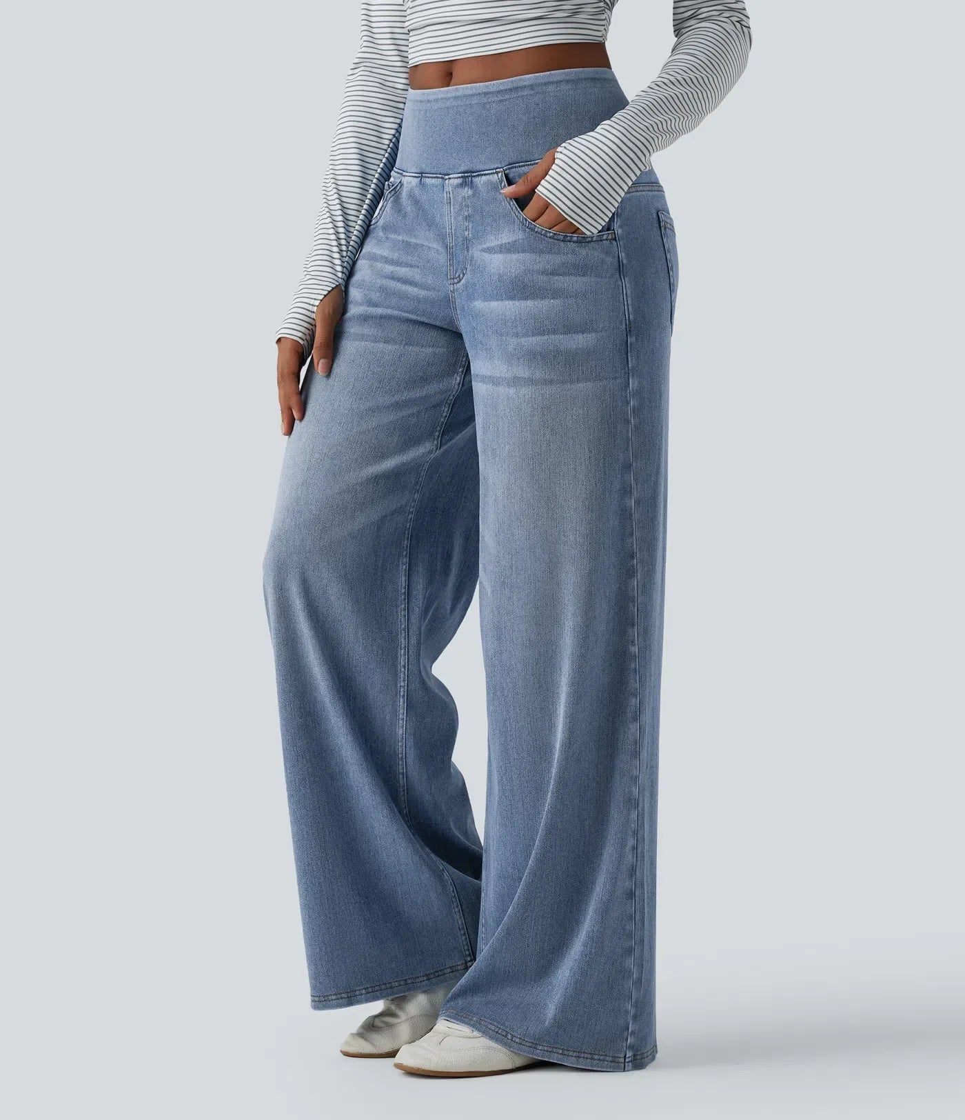 Velouré Flex™ Mid Rise Draped Washed Casual Baggy Wide Leg Jeans with Pockets