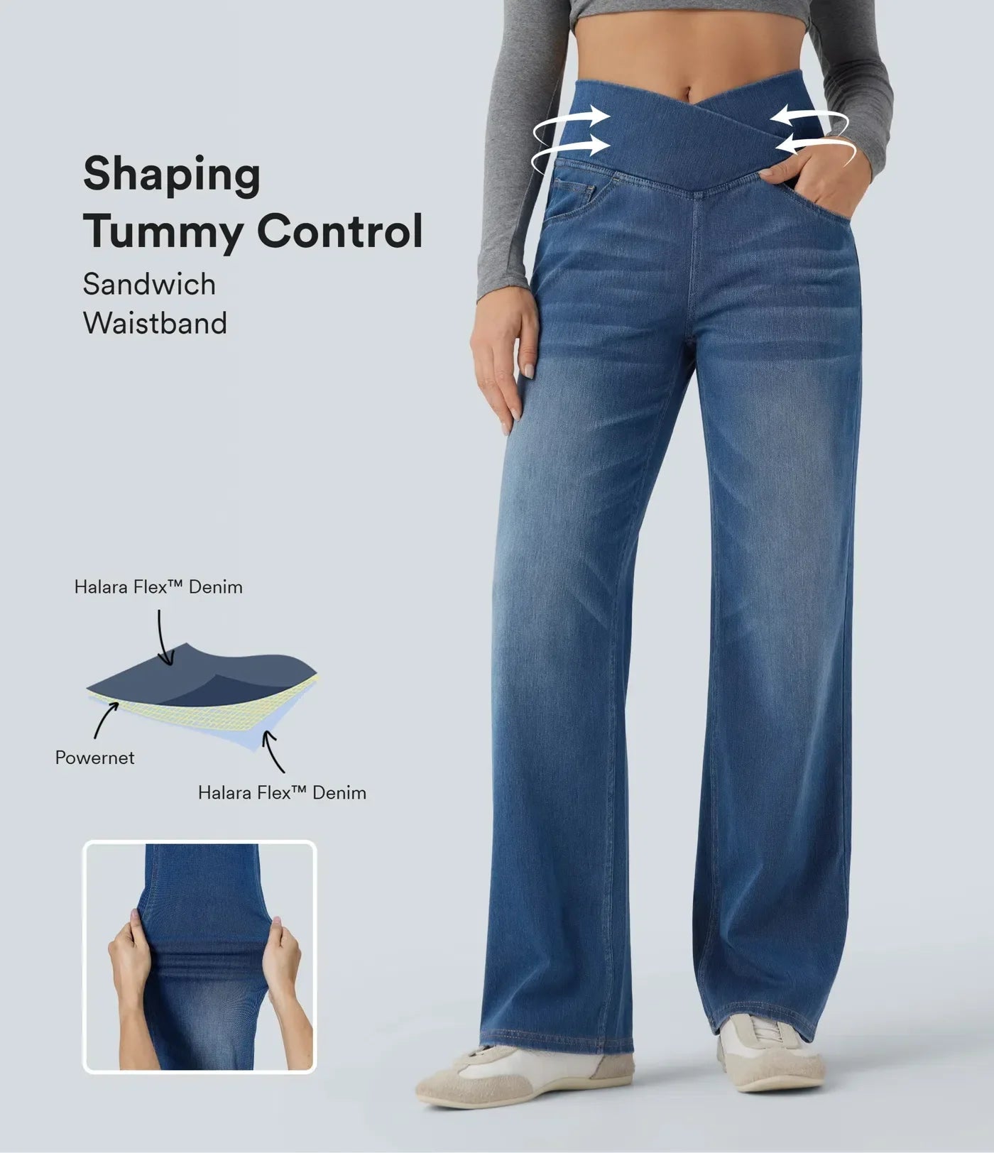 UltraStretch™ Crossover High Waisted Tummy Control Casual Straight Leg Jeans with Pockets