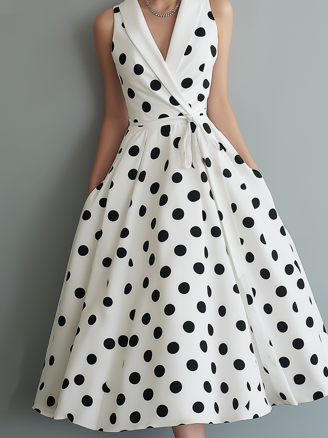 Women's Elegant Black And White Polka Dot Woven Collared Sleeveless Midi Dress